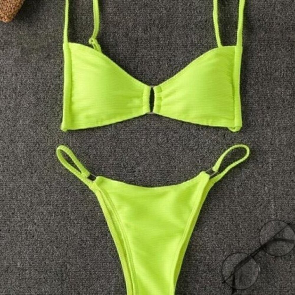 NWT Neon Green Bikini Set Size Large Ribbed Sexy Bathing Suit - Picture 2 of 9